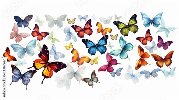 Fototapeta Watercolor drawing presents a lively assortment of butterflies, each a unique expression of natural beauty.