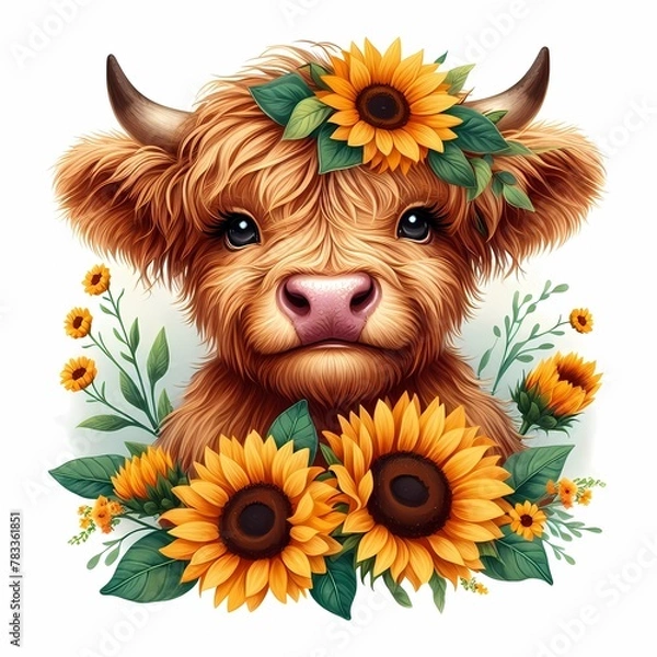 Obraz Illustration of a cute baby Highland cow with long hair and sunflowers