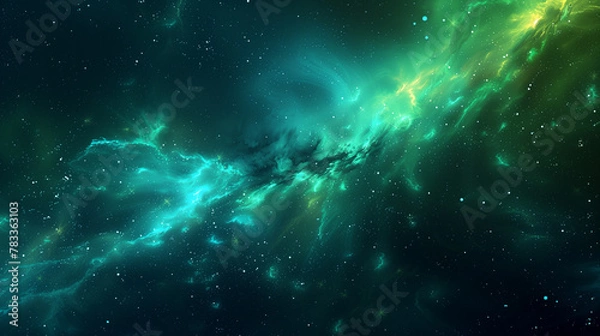 Fototapeta a vibrant and dynamic interstellar cloud formation illuminated by starlight, showcasing a mix of green and blue hues against the backdrop of space. Nebula background. 