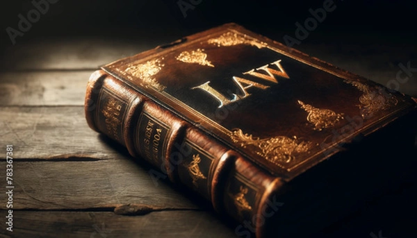Fototapeta Close-up of an ancient leather-bound book, slightly opened. "Law" is written in gold letters on the spine. The book lies on a wooden table, and the dim light emphasizes its importance as the basis of 