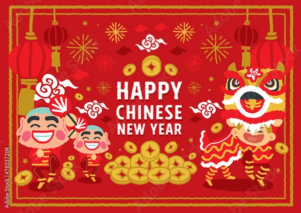 Fototapeta Chinese New Year Lion Dancing concepts - vector Illustration
