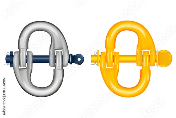 Obraz Shaped lifting shackle. That metal or steel with locking pin. Accessory or lifting equipment with breaking strength for winching, industrial crane rigging, tow strap and off-road jeep truck recovery.
