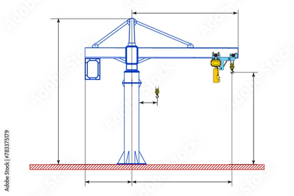 Fototapeta Sketch of a jib crane with dimensions. Crane on a support. Dimensional drawing.