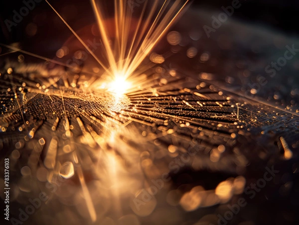 Fototapeta AI generated Laser ray engraving action on metal, bright light point, technological, industrial, dark scene