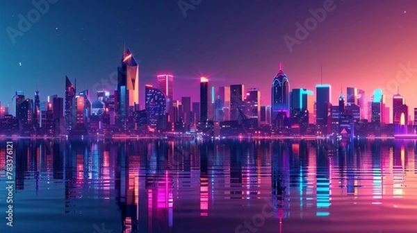 Fototapeta futuristic neonlit metropolis skyline reflecting in tranquil waters vibrant 3d cityscape illustration