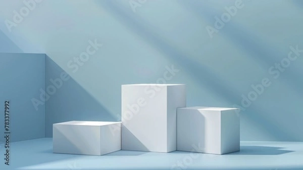 Fototapeta Square podiums are white. Abstract background. A stage for the demonstration of cosmetics. Podium for the award, consisting of three 3 square figures of different sizes on a blue background. Showcase