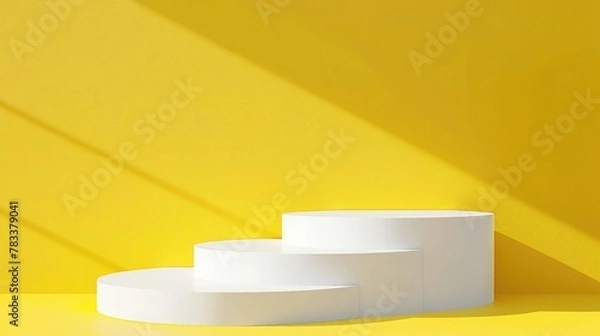 Fototapeta White podium shelf or empty pedestal display on vivid yellow summer background with minimal style. Blank stand for showing product.