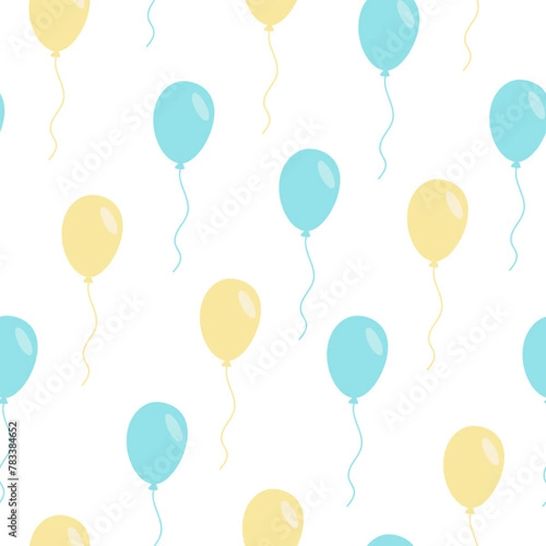 Fototapeta Seamless pattern with festive balls in blue and yellow on a white background. Festive print for product designs for birthdays and other holidays