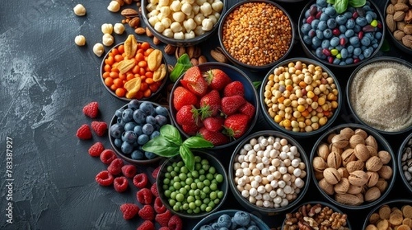 Fototapeta Assorted Fruits and Nuts in Colorful Bowls
