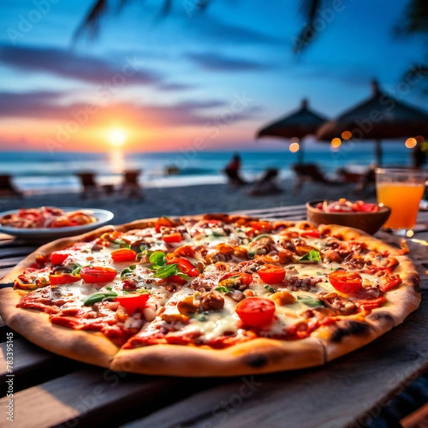 Obraz freshly made pizza on party background in blurred beach, evening