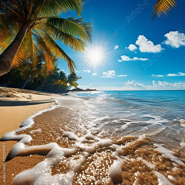 Obraz Tropical beach with palm trees at sunset. Nature background