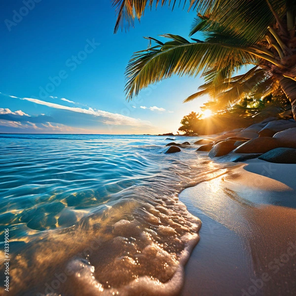 Obraz Tropical beach with palm trees at sunset. Nature background.