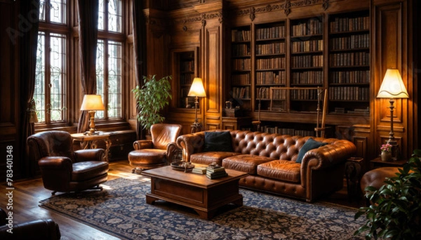 Fototapeta Luxury leather sofa and bookshelf in the library.