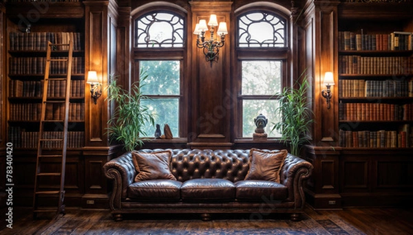 Fototapeta Interior of an old library with a leather sofa and bookshelves