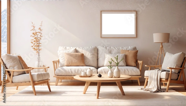 Fototapeta Modern living room interior with sofa, coffee table and plant. 3d render