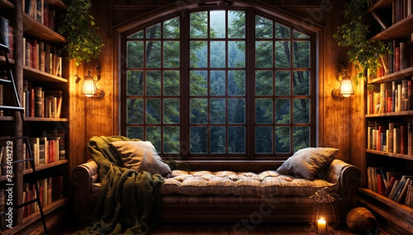 Fototapeta Interior of a cozy room with a large window and a bookcase. 3D rendering.