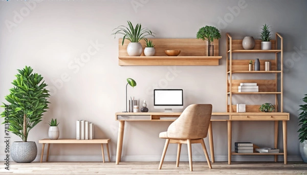 Fototapeta Interior of modern home office with wooden desk and computer. Workplace concept. 3D Rendering