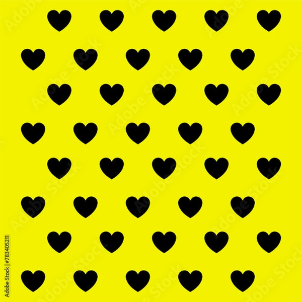Obraz Black Hearts Pattern Background for Valentine's Day. Valentine's Day Vector Decorative Illustration Isolated on Yellow Background. Print for Valentine's Day Card. Seamless Pattern with Little Hearts