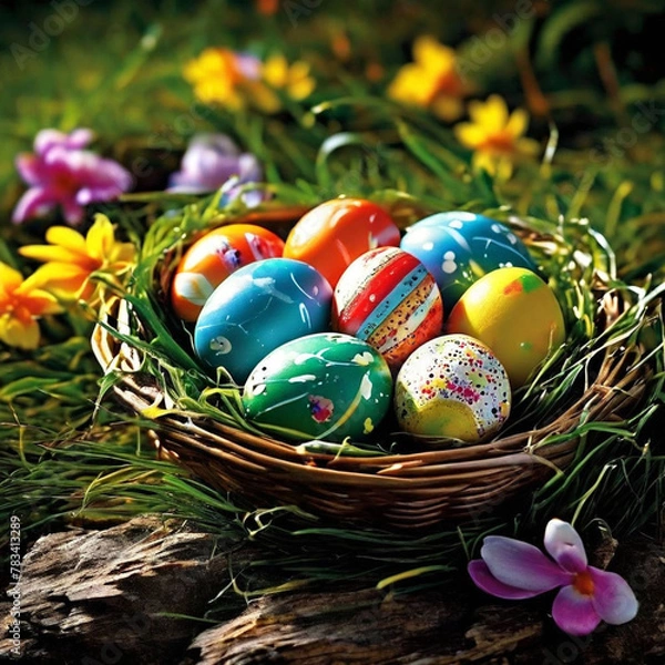 Obraz Creative poster for easter eggs with a basket of easter eggs happy eater day theme