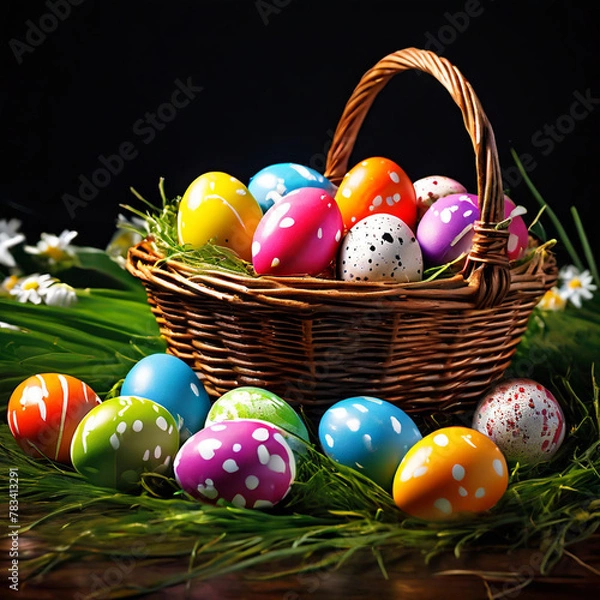 Obraz Creative poster for easter eggs with a basket of easter eggs happy eater day theme