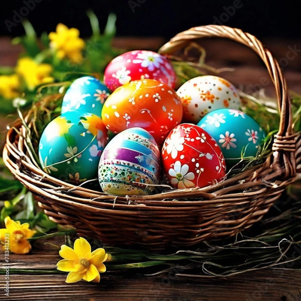 Obraz Creative poster for easter eggs with a basket of easter eggs happy eater day theme