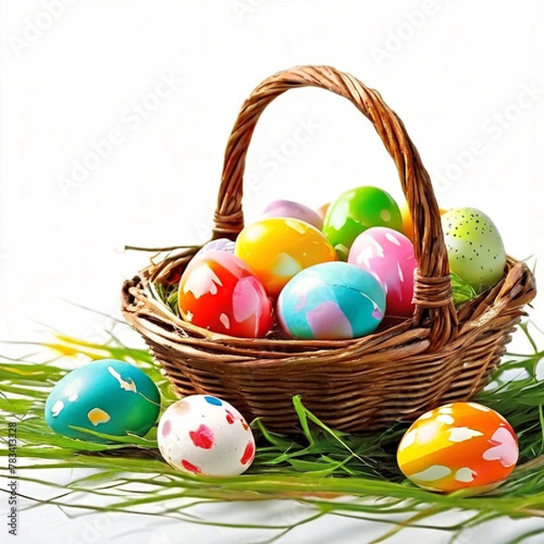 Obraz Creative poster for easter eggs with a basket of easter eggs happy eater day theme