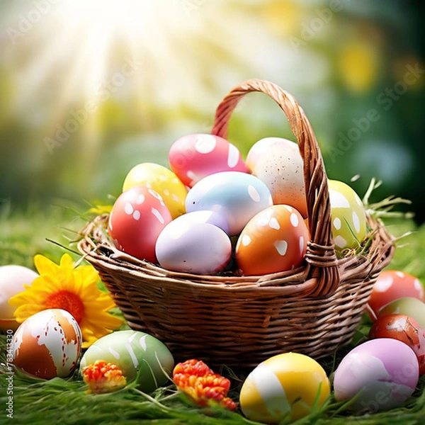 Obraz Creative poster for easter eggs with a basket of easter eggs happy eater day theme