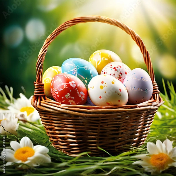 Obraz Creative poster for easter eggs with a basket of easter eggs happy eater day theme