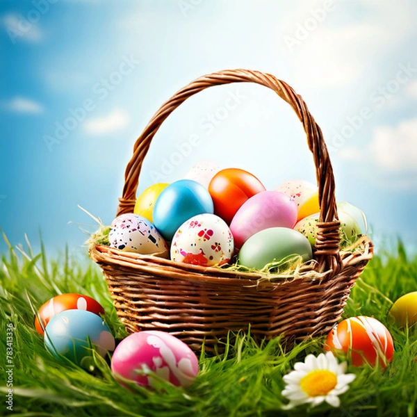 Obraz Creative poster for easter eggs with a basket of easter eggs happy eater day theme