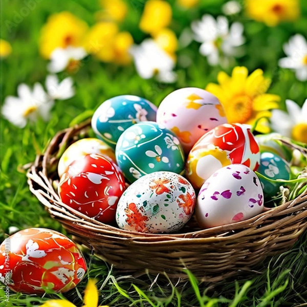 Obraz Creative poster for easter eggs with a basket of easter eggs happy eater day theme