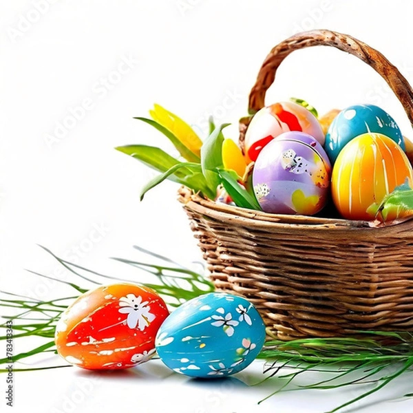 Obraz Creative poster for easter eggs with a basket of easter eggs happy eater day theme