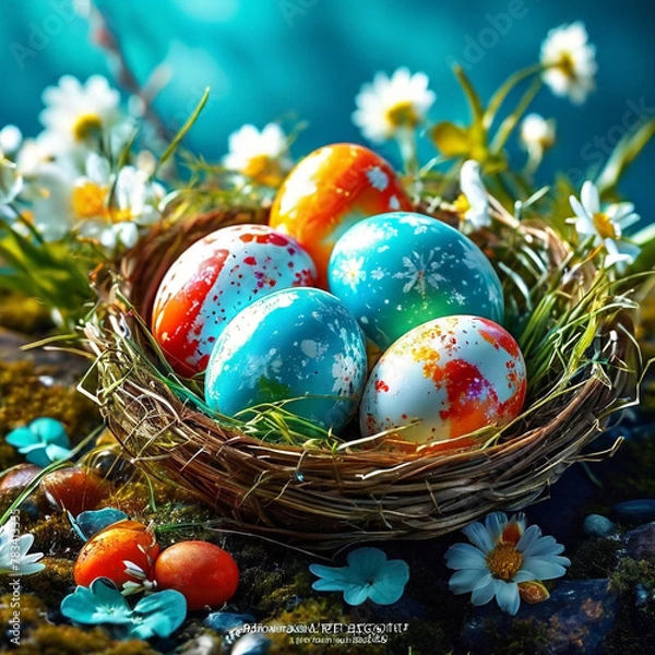 Obraz Creative poster for easter eggs with a basket of easter eggs happy eater day theme