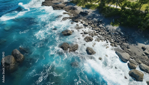 Fototapeta Aerial view of a mediterranean paradise coast with breaking waves on the shore, rocks and vegetation. Rocky shore with green palms, turquoise blue water on sunny day. Summertime, documentary travel.