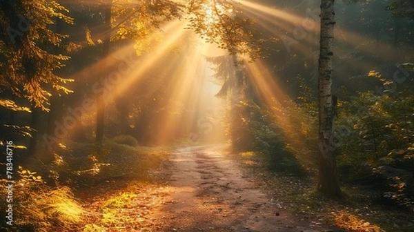 Fototapeta serene forest path illuminated by golden sunbeams enchanting nature landscape in warm inviting colors