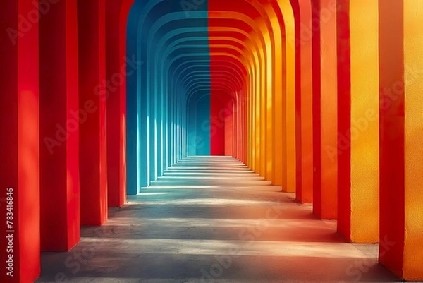 Fototapeta A minimalist hallway featuring striking red and blue columns stretching into the distance.