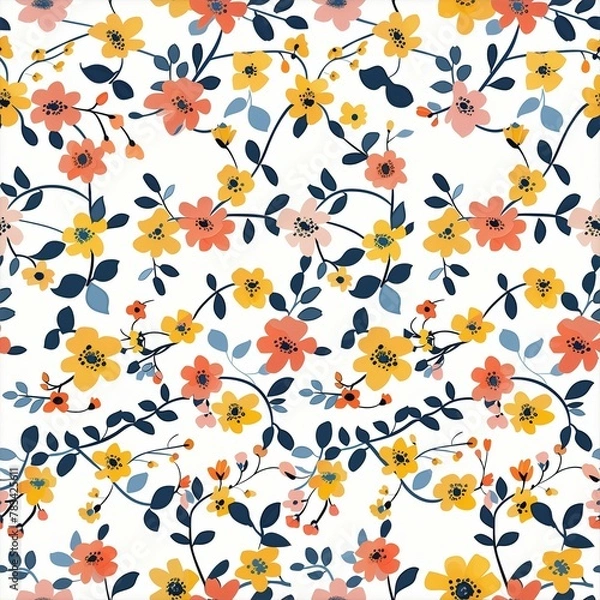 Fototapeta A tileable consistent colorful floral flower pattern, arranged in a regular, evenly spaced grid