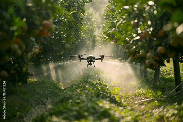 Obraz Agricultural High-tech drone treating fruit trees, advanced farming concept.