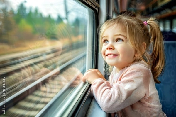 Fototapeta Happy little girl looking out train window outside, while it moving.