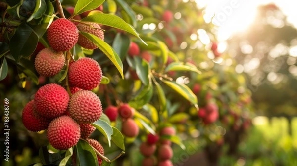 Fototapeta Commercial lychee orchard cultivation and harvesting. Ripe lychee fruits hanging on a tree in a plantation garden.