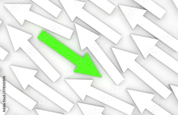 Fototapeta Abstract 3d illustration, one green arrow goes opposite