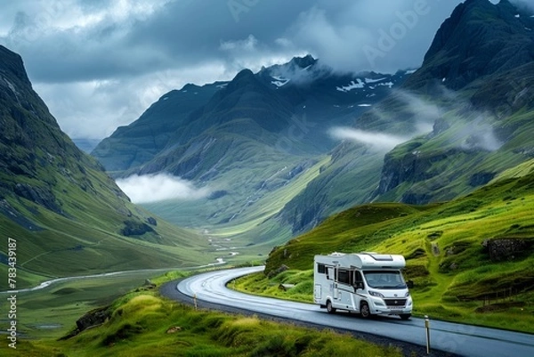Fototapeta Modern motorhome goes on an adventurous road trip against the backdrop of an incredibly beautiful mountain valley landscape