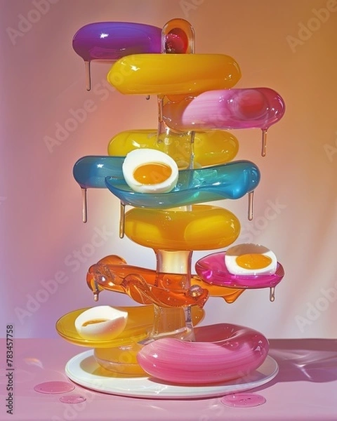 Fototapeta a sculpture of sausages and fried eggs made entirely of rainbow glass. Pink kitchen illustration made with Generative Ai