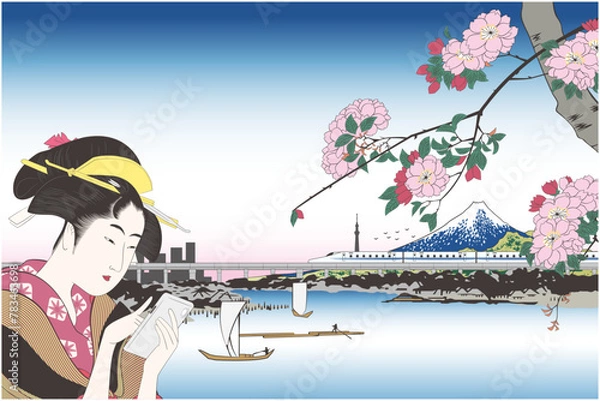 Obraz 浮世絵　喜多川歌麿と歌川広重の難波屋おきたと隅田川水神の森真崎イメージイラスト