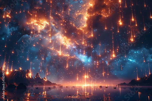 Obraz A mesmerizing starfall with falling stars streaking across the night sky. Bright, glowing trails against the dark cosmos create a magical and enchanting spectacle