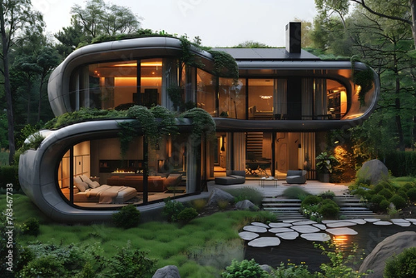 Fototapeta A stunning high-tech house showcases sleek architecture, a lush green lawn, and solar panels on the roof, emphasizing sustainable energy usage and modern, innovative design aesthetics