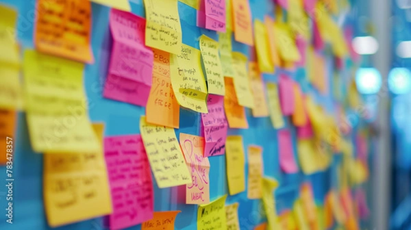 Fototapeta Sticky Note Post It Board Office. Business people meeting at office and use post it notes to share idea. Brainstorming concept. Sticky note on glass wall or blackboard. Set of colorful blank notes.