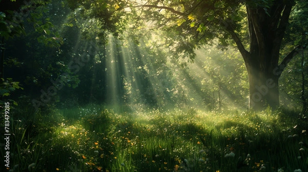 Obraz sun rays through the forest