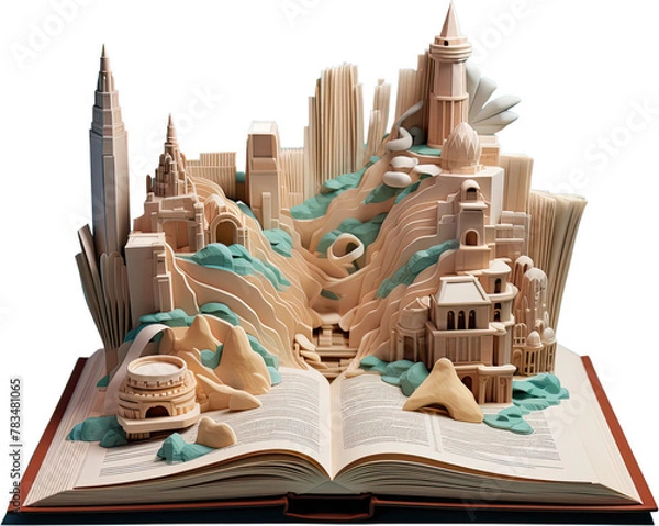 Fototapeta The 3D city on the open book, isolated on white background