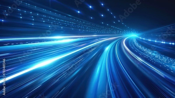 Obraz Abstract blue speed lines background with a blur effect. Digital technology concept. Motion blurred light streaks on a dark background.