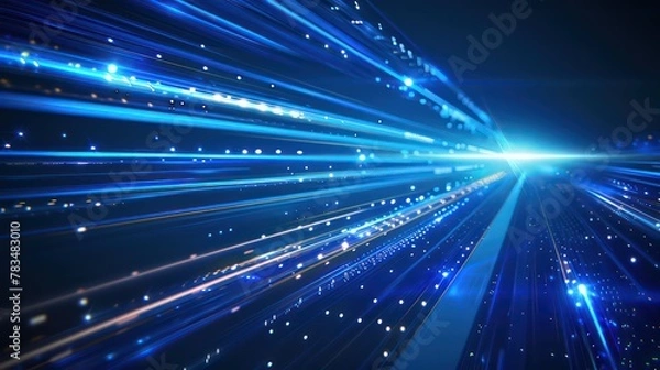 Fototapeta Abstract blue speed lines background with a blur effect. Digital technology concept. Motion blurred light streaks on a dark background.